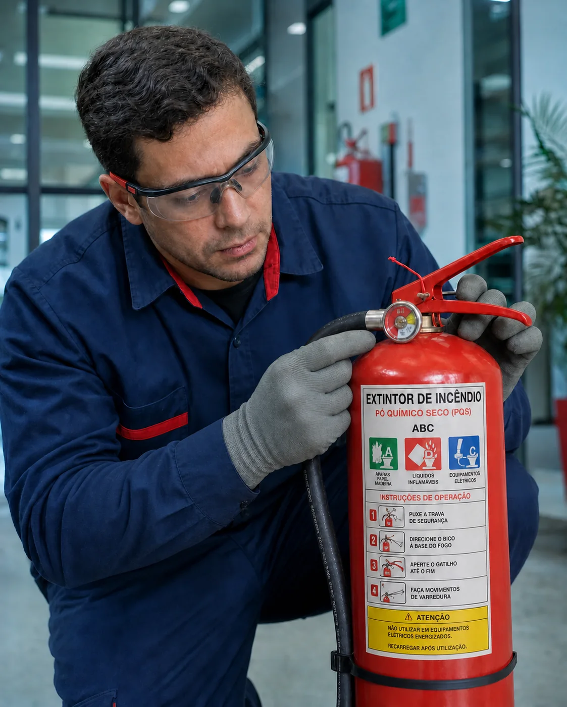 Técnico uniformizado da EXTINTORES realizando a inspeção de um extintor de incêndio em ambiente empresarial.