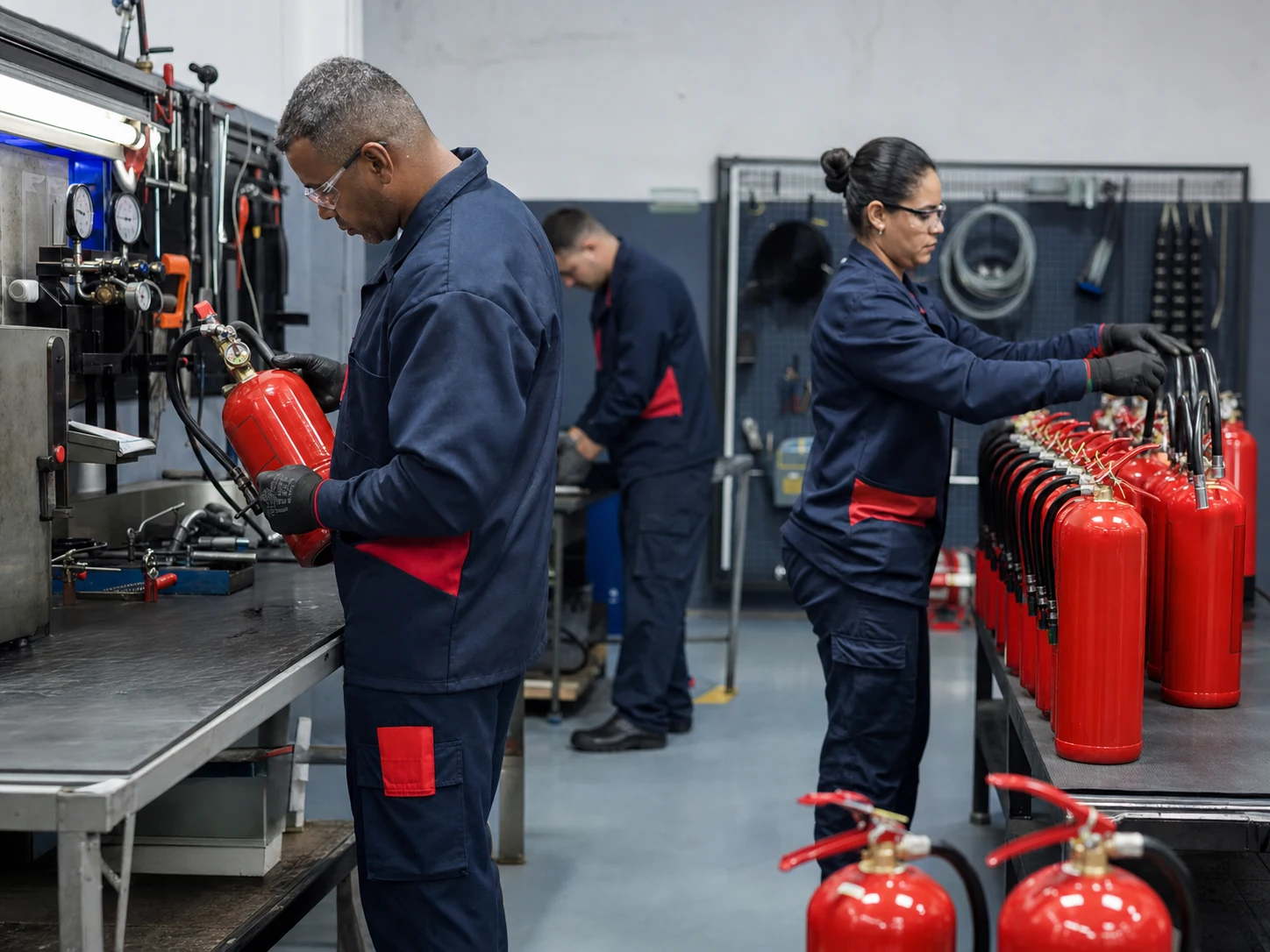 Equipe da EXTINTORES em atendimento técnico, com equipamentos de combate a incêndio organizados no local.